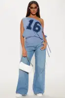 Can't Stress Me Off Shoulder Backless Top(Blue,XS)