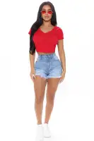 Carly V Neck Crop Tee(Red,S)