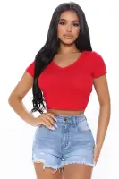 Carly V Neck Crop Tee(Red,S)