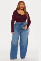 Bambi Ribbed Long Sleeve Top(Wine,S)