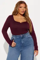 Bambi Ribbed Long Sleeve Top(Wine,S)