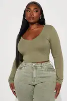 Carly V Neck Crop Long Sleeve Tee(Olive,XS)