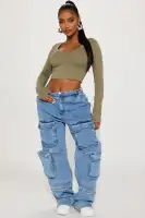 Carly V Neck Crop Long Sleeve Tee(Olive,XS)