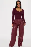 Bambi Ribbed Long Sleeve Top(Wine,S)