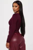 Bambi Ribbed Long Sleeve Top(Wine,S)